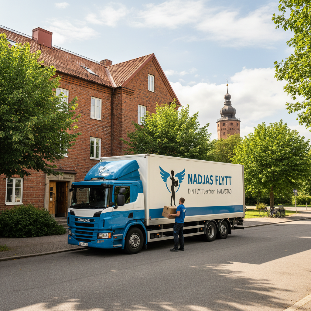 Flyttfirma Halmstad – NadjasFlytt lastbil framför Halmstads kyrka